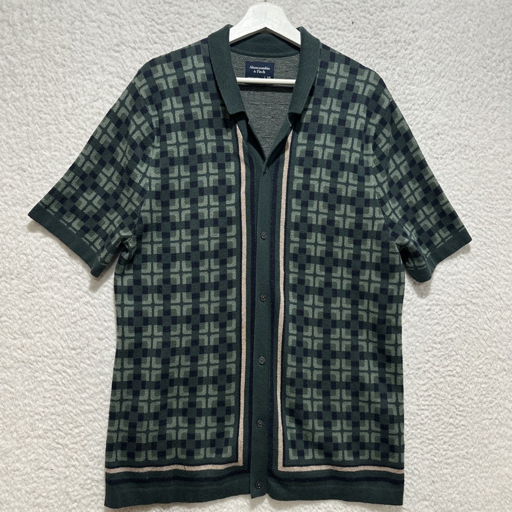 Abercrombie & Fitch Men's Stitch Button-Through Sweater Polo Green Patterned 2XL